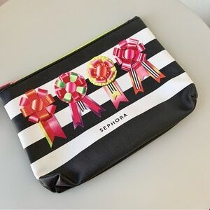 Black White Stripe Ribbon Bows Print Makeup Cosmetics Bag